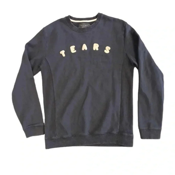 Zara Man Tears  Blue Knit Embroidered Pullover Sweater Size Medium - Picture 6 of 10